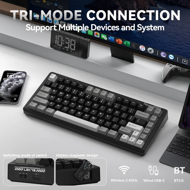 Alt view image 3 of 7 - LINGBAO K75 Wireless Mechanical Gaming Keyboard 75%, 10000mAh Battery | Tri-Mode Wireless Gaming Keyboard, Rechargeable Mechanical Keyboard, RGB Gasket Hot-Swappable Creamy Switch, Custom Driver