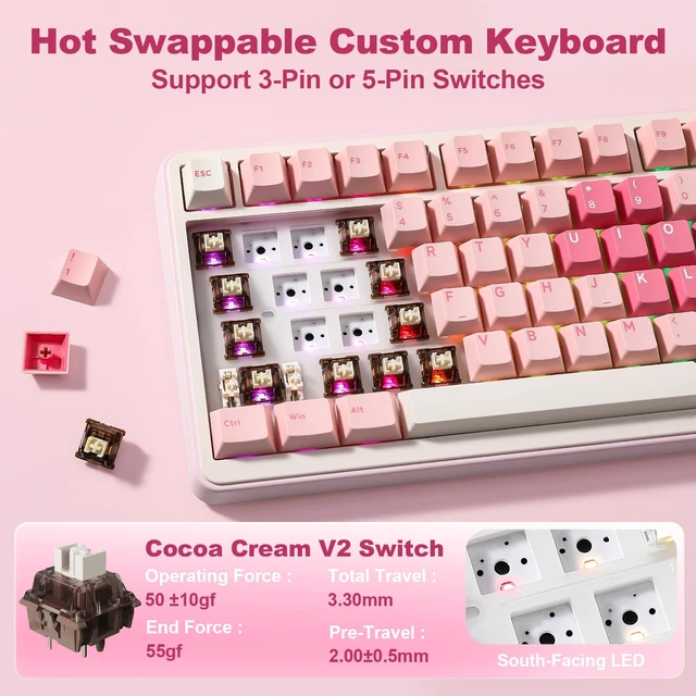 Alt view image 5 of 7 - B75 PRO MAX 75% Mechanical Keyboard (Pink Heart, Cocoa V2) | QMK/VIA, Wireless Keyboard with Screen and Knob, Custom Hot Swap, Gasket Mount, Creamy Switches, RGB for Gaming/Win/Mac