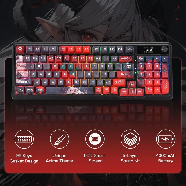 Alt view image 2 of 7 - K719 PRO Wireless RGB Gasket Gaming Keyboard, Dye-Sub Anime Keycap | Easy-Control LED Info Display, 0-Delay Tri-Mode, Cushioned 5-Layer Noise Dampening for Creamy Thocky Sound, 95% Layout