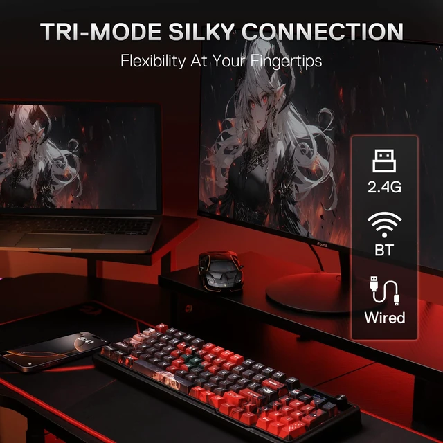 Alt view image 3 of 7 - K719 PRO Wireless RGB Gasket Gaming Keyboard, Dye-Sub Anime Keycap | Easy-Control LED Info Display, 0-Delay Tri-Mode, Cushioned 5-Layer Noise Dampening for Creamy Thocky Sound, 95% Layout