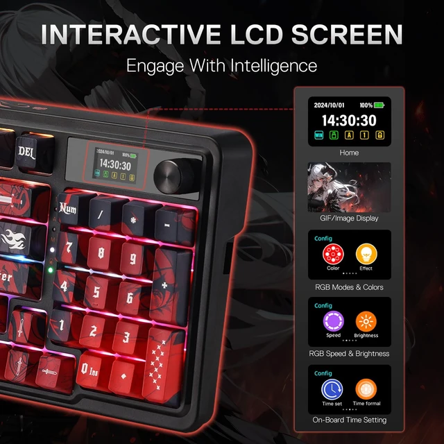Alt view image 5 of 7 - K719 PRO Wireless RGB Gasket Gaming Keyboard, Dye-Sub Anime Keycap | Easy-Control LED Info Display, 0-Delay Tri-Mode, Cushioned 5-Layer Noise Dampening for Creamy Thocky Sound, 95% Layout