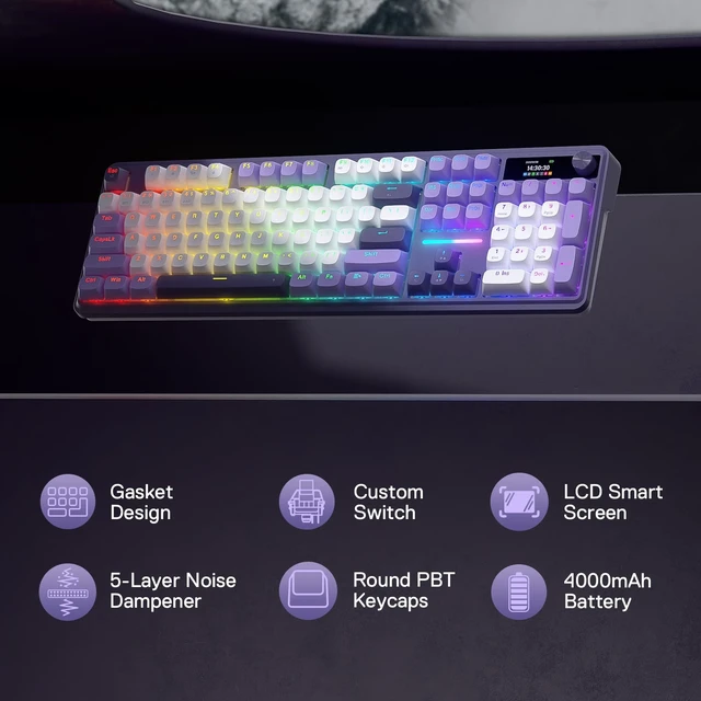 Alt view image 2 of 7 - K762 PRO Wireless 104-Key Gasket Gaming Keyboard, Screen & Knob | Easy-Control LED Info Display, 0-Delay Tri-Mode, Cushioned 5-Layer Noise Dampening for Creamy Thocky Sound, Full-Size 104-Key