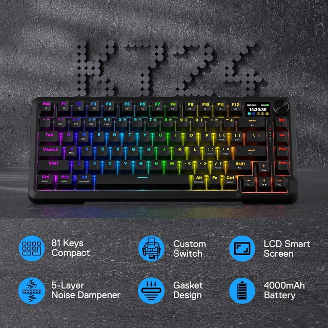 Alt view image 2 of 7 - K724 PRO Wireless 81-Key Gasket Gaming Keyboard with Screen & Knob | Easy-Control LED Info Display, 0-Delay Tri-Mode, Cushioned 5-Layer Noise Dampening for Creamy Thocky Sound, Compact 80% Size
