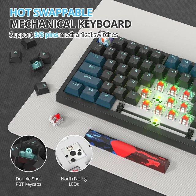 Alt view image 3 of 6 - 75 Percent Keyboard Gasket-Mounted with Sound Absorbing Pads, 82-Key Compact Wired RGB Mechanical Gaming Keyboard Hot-Swap Socket for Win, Monster-B