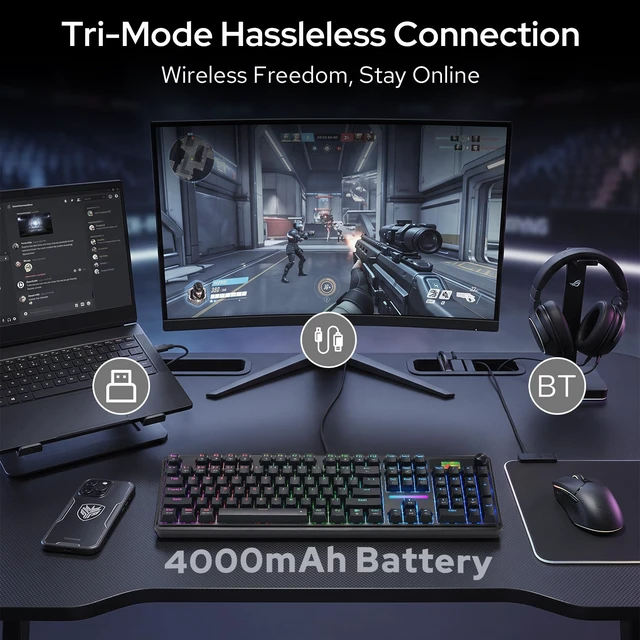 Alt view image 3 of 7 - K762 PRO Wireless 104-Key Gasket Gaming Keyboard, Screen & Knob | Easy-Control LED Info Display, 0-Delay Tri-Mode, Cushioned 5-Layer Noise Dampening for Creamy Thocky Sound, Full-Size 104-Key