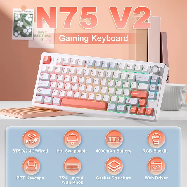 Alt view image 2 of 7 - N75 V2 Mechanical Keyboard,2.4GHz/BT/Wired Wireless Gaming Keyboard | 75% Layout with Knob,Tri-Mode Bluetooth Keyboard, Creamy Keyboard with Linear Switches, RGB Backlit for Win & Mac (Orange)