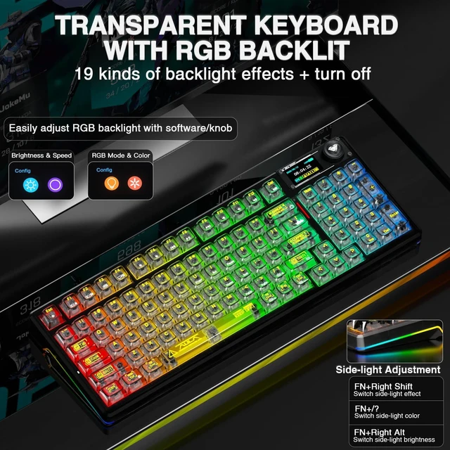 Alt view image 4 of 7 - F98 Pro V3 Wireless Mechanical Keyboard with Transparent Keycaps,Hot-swappable,Pre-lubed Linear Switches,Gasket Structure,RGB Backlit,TFT Screen,BT5.0/2.4G/USB-C Wired Computer Keyboard