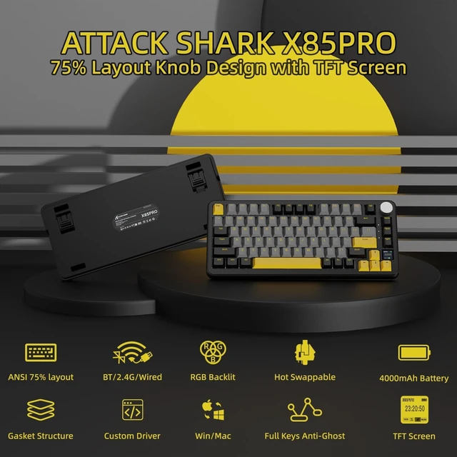 Alt view image 2 of 7 - ATTACK SHARK X85PRO 75% Wireless Mechanical keyboard,TFT Smart Display&Knob,BT/2.4GHz/Wired Custom Gaming Keyboard,Gasket,Hot-Swap,RGB,with Pro Cable&5 Color PBT Keycaps,for PC/MAC,Black