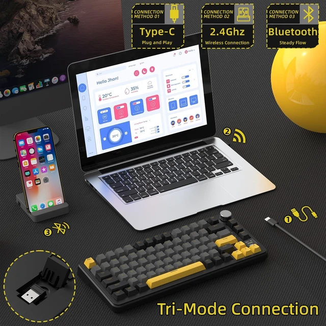 Alt view image 3 of 7 - ATTACK SHARK X85PRO 75% Wireless Mechanical keyboard,TFT Smart Display&Knob,BT/2.4GHz/Wired Custom Gaming Keyboard,Gasket,Hot-Swap,RGB,with Pro Cable&5 Color PBT Keycaps,for PC/MAC,Black