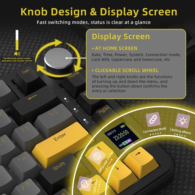 Alt view image 4 of 7 - ATTACK SHARK X85PRO 75% Wireless Mechanical keyboard,TFT Smart Display&Knob,BT/2.4GHz/Wired Custom Gaming Keyboard,Gasket,Hot-Swap,RGB,with Pro Cable&5 Color PBT Keycaps,for PC/MAC,Black