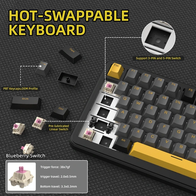 Alt view image 6 of 7 - ATTACK SHARK X85PRO 75% Wireless Mechanical keyboard,TFT Smart Display&Knob,BT/2.4GHz/Wired Custom Gaming Keyboard,Gasket,Hot-Swap,RGB,with Pro Cable&5 Color PBT Keycaps,for PC/MAC,Black