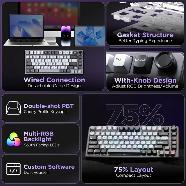 Alt view image 2 of 7 - B75 75% Hot Swap RGB Mechanical Keyboard(Dark Grey,Cocoa V2) | Wired, Function Knob, Gasket Mount, Creamy Typing, Pre-Lubed Switches, Double-Shot PBT Keycaps, for Win/Mac