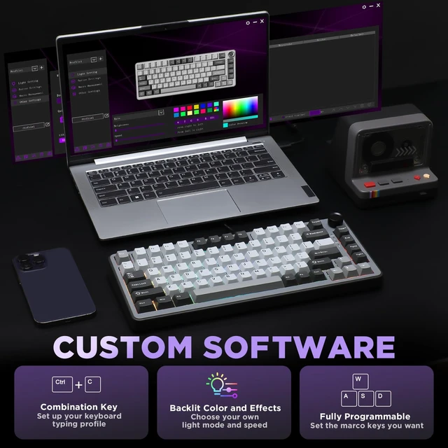 Alt view image 4 of 7 - B75 75% Hot Swap RGB Mechanical Keyboard(Dark Grey,Cocoa V2) | Wired, Function Knob, Gasket Mount, Creamy Typing, Pre-Lubed Switches, Double-Shot PBT Keycaps, for Win/Mac
