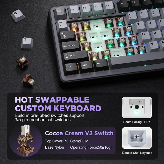 Alt view image 5 of 7 - B75 75% Hot Swap RGB Mechanical Keyboard(Dark Grey,Cocoa V2) | Wired, Function Knob, Gasket Mount, Creamy Typing, Pre-Lubed Switches, Double-Shot PBT Keycaps, for Win/Mac