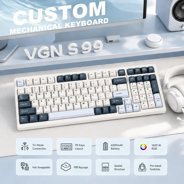 Alt view image 2 of 7 - S99 Wireless Mechanical Gaming Keyboard, Tri-Mode BT/2.4G/USB-C 99 Keys | Hot Swappable Gasket Keyboard, RGB Backlit PBT Keycaps Bluetooth Keyboards for PC Tablet Xbox, Pre-lubed Ania Switches, Blue