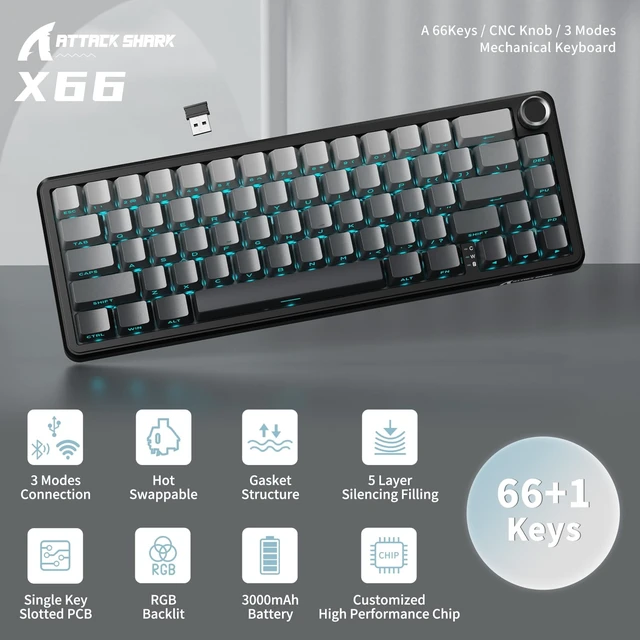 Alt view image 2 of 7 - X66 Wireless 60% RGB Mechanical Gaming Keyboard-Moonlight | Volume Knob,USB-C Wired/BT5.0/2.4Ghz,Gasket Mount,Side Printed PBT Keycap,Hot Swappable Strawberry Switch,TKL,NKRO for PC Mac