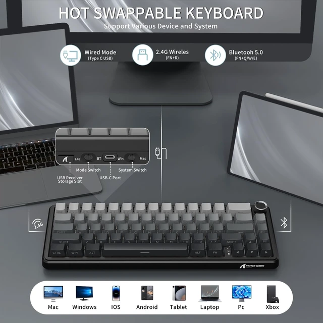 Alt view image 3 of 7 - X66 Wireless 60% RGB Mechanical Gaming Keyboard-Moonlight | Volume Knob,USB-C Wired/BT5.0/2.4Ghz,Gasket Mount,Side Printed PBT Keycap,Hot Swappable Strawberry Switch,TKL,NKRO for PC Mac