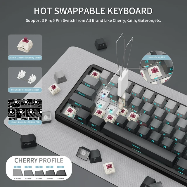 Alt view image 5 of 7 - X66 Wireless 60% RGB Mechanical Gaming Keyboard-Moonlight | Volume Knob,USB-C Wired/BT5.0/2.4Ghz,Gasket Mount,Side Printed PBT Keycap,Hot Swappable Strawberry Switch,TKL,NKRO for PC Mac