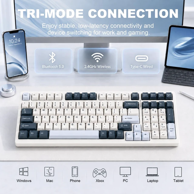 Alt view image 3 of 7 - S99 Wireless Mechanical Gaming Keyboard, Tri-Mode BT/2.4G/USB-C 99 Keys | Hot Swappable Gasket Keyboard, RGB Backlit PBT Keycaps Bluetooth Keyboards for PC Tablet Xbox, Pre-lubed Ania Switches, Blue