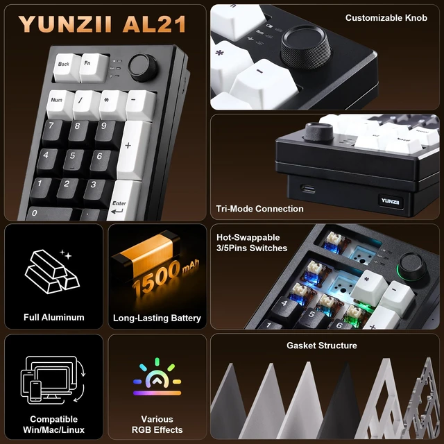 Alt view image 2 of 7 - AL21 Aluminum Wireless Number Pad (Black, Cocoa Cream V2 Switch) | CNC Aluminum Mechanical Numpad with Knob, Wired/BT/2.4G RGB Numpad, Programmable Numeric Keypad RGB Hot-Swappable for Win/Mac