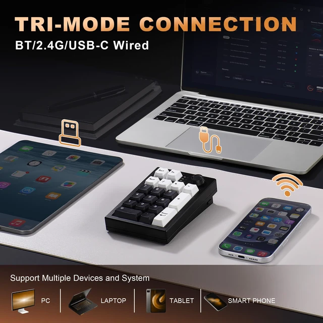 Alt view image 3 of 7 - AL21 Aluminum Wireless Number Pad (Black, Cocoa Cream V2 Switch) | CNC Aluminum Mechanical Numpad with Knob, Wired/BT/2.4G RGB Numpad, Programmable Numeric Keypad RGB Hot-Swappable for Win/Mac