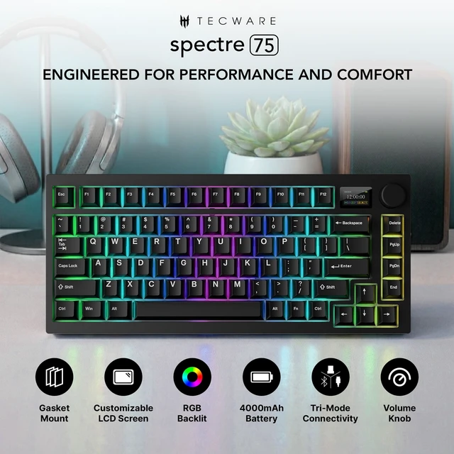 Alt view image 2 of 7 - Spectre 75 Mechanical Gaming Keyboard | Customizable LCD Screen Display & Knob | Tri-Mode Wireless Bluetooth 2.4GHz | Gasket Mount Hot Swappable | Black Cocoa Brown Tactile Switches