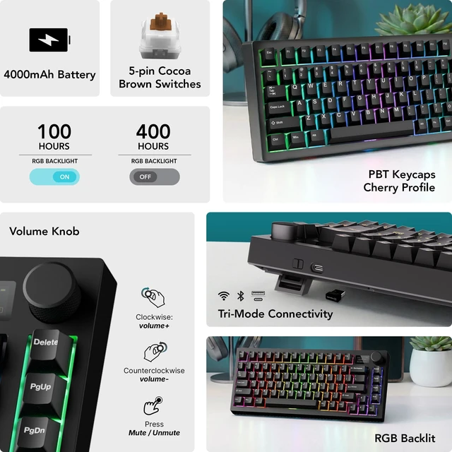 Alt view image 3 of 7 - Spectre 75 Mechanical Gaming Keyboard | Customizable LCD Screen Display & Knob | Tri-Mode Wireless Bluetooth 2.4GHz | Gasket Mount Hot Swappable | Black Cocoa Brown Tactile Switches