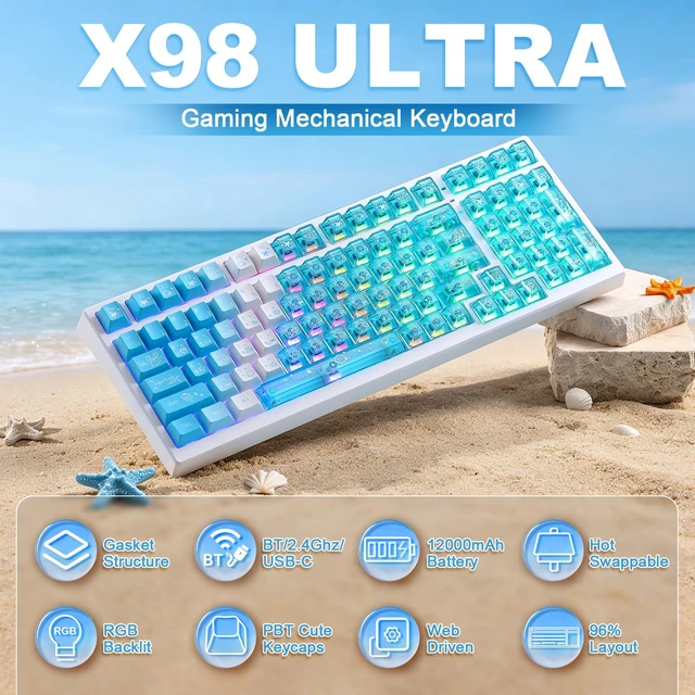 Alt view image 2 of 7 - X98 Ultra Wireless Mechanical Keyboard,12000mAh Gaming Keyboard,Blue | BT/2.4G/USB-Cwith Gasket & Creamy Sound, Hot Swappable PBT& Clear Keycaps, RGB Backlit, Ergonomic & Cute Keyboard for PC/Mac