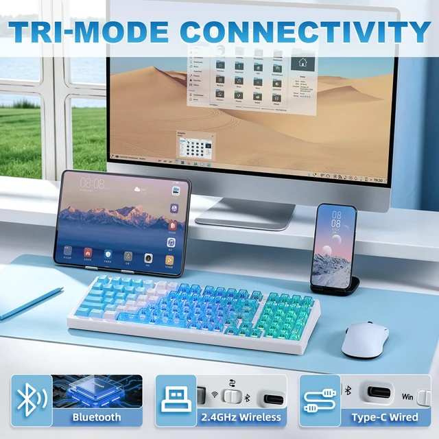 Alt view image 3 of 7 - X98 Ultra Wireless Mechanical Keyboard,12000mAh Gaming Keyboard,Blue | BT/2.4G/USB-Cwith Gasket & Creamy Sound, Hot Swappable PBT& Clear Keycaps, RGB Backlit, Ergonomic & Cute Keyboard for PC/Mac