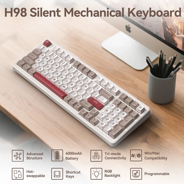 Alt view image 2 of 7 - H98 Wireless Bluetooth Mechanical Keyboard, BT5.3/Type-C/2.4G Tri-Mode Hot Swappable Custom Gaming Keyboards, Gasket, RGB, Numpad, Computer Keyboard for Mac/Win/Office, 98 Keys(Clicky Sound)