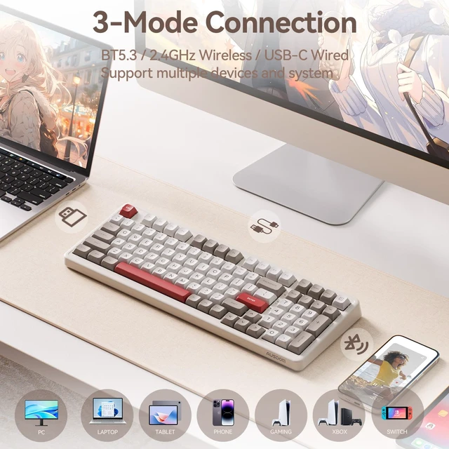 Alt view image 3 of 7 - H98 Wireless Bluetooth Mechanical Keyboard, BT5.3/Type-C/2.4G Tri-Mode Hot Swappable Custom Gaming Keyboards, Gasket, RGB, Numpad, Computer Keyboard for Mac/Win/Office, 98 Keys(Clicky Sound)