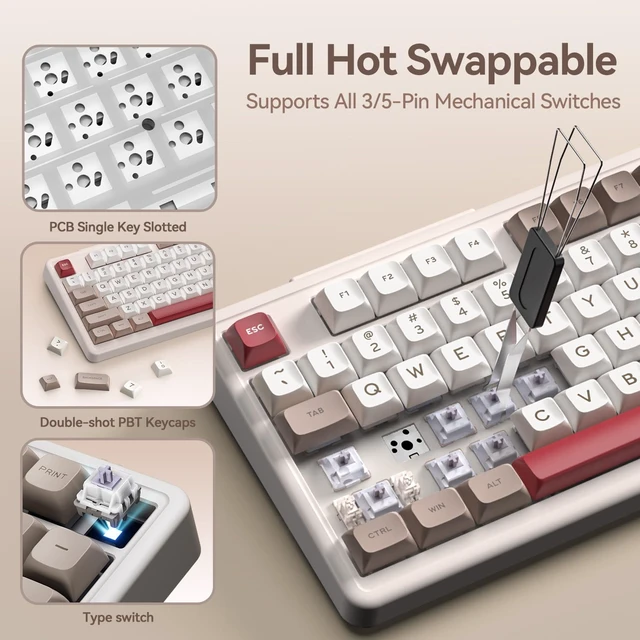 Alt view image 4 of 7 - H98 Wireless Bluetooth Mechanical Keyboard, BT5.3/Type-C/2.4G Tri-Mode Hot Swappable Custom Gaming Keyboards, Gasket, RGB, Numpad, Computer Keyboard for Mac/Win/Office, 98 Keys(Clicky Sound)