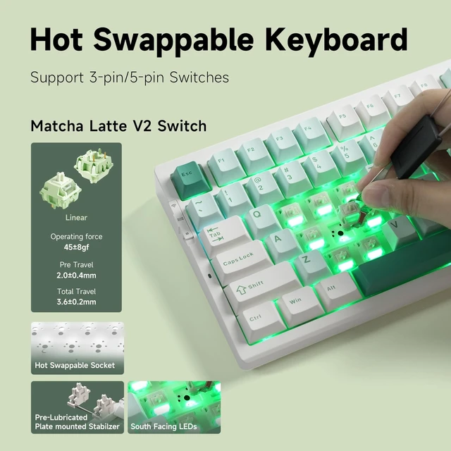 Alt view image 5 of 7 - G75 PRO 75% Wireless Mechanical Keyboard, TKL Keyboards Tri-Mode BT5.0/2.4GHz/USB-C, Hot Swap Custom Creamy Keyboards Linear Switch, Double Shot PBT Keycaps RGB LED Backlit, White&Green
