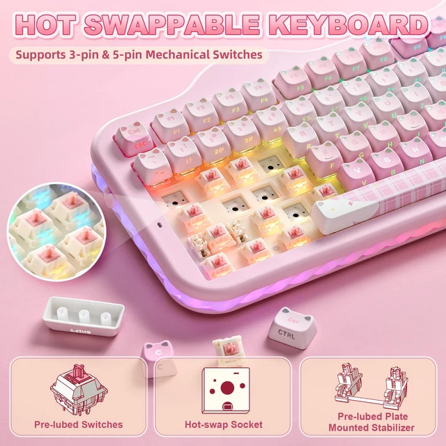 Alt view image 4 of 7 - C98 Cute Wireless Mechanical Keyboard(Pink Mao, Candy Switch) | Cake Keyboard,99 Keys with Number Pad, MAO Keycaps, BT5.0/2.4G/USB-C,Hot Swap, Gasket Mount, Custom RGB Backlight for Win/Mac