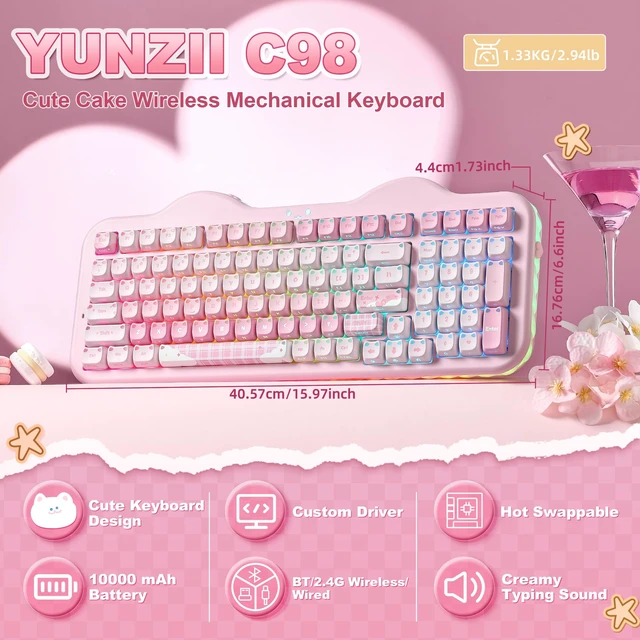 Alt view image 2 of 7 - C98 Cute Wireless Mechanical Keyboard(Pink Mao, Candy Switch) | Cake Keyboard,99 Keys with Number Pad, MAO Keycaps, BT5.0/2.4G/USB-C,Hot Swap, Gasket Mount, Custom RGB Backlight for Win/Mac