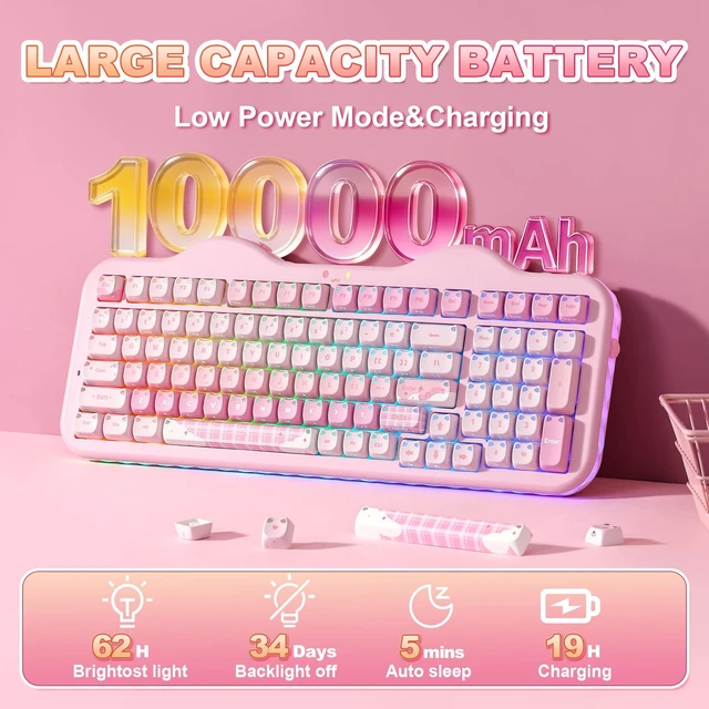 Alt view image 6 of 7 - C98 Cute Wireless Mechanical Keyboard(Pink Mao, Candy Switch) | Cake Keyboard,99 Keys with Number Pad, MAO Keycaps, BT5.0/2.4G/USB-C,Hot Swap, Gasket Mount, Custom RGB Backlight for Win/Mac