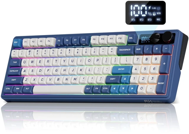 Main image of M100 Wireless Mechanical Keyboard with Screen & Knobs, Blue | RGB Gaming Keyboard with Number Pad, Bluetooth/2.4GHz/USB-C Gasket Mount Keyboards for Win/Mac/PC, Hot Swappable Cream Switch