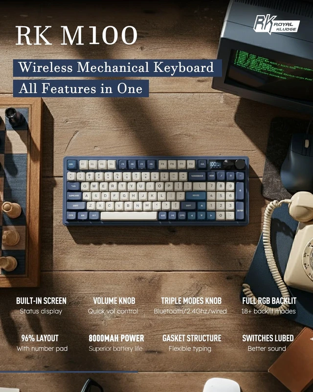 Alt view image 2 of 7 - M100 Wireless Mechanical Keyboard with Screen & Knobs, Blue | RGB Gaming Keyboard with Number Pad, Bluetooth/2.4GHz/USB-C Gasket Mount Keyboards for Win/Mac/PC, Hot Swappable Cream Switch