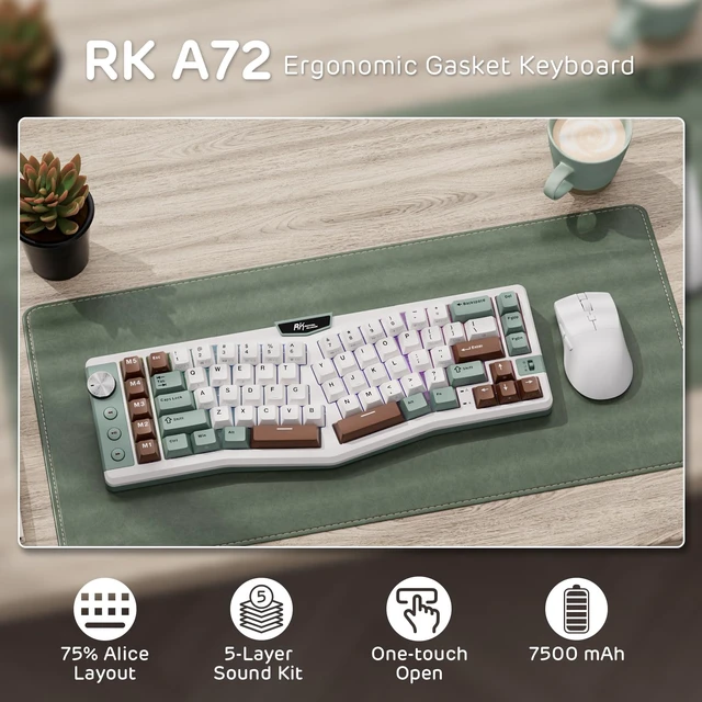 Alt view image 2 of 7 - A72 Alice Ergonomic Wireless Mechanical Keyboard,Split Ergo | Gasket RGB Gaming Keyboard w/Knob/Macro Keys/Touchable Nameplate, BT/2.4GHz/USB-C, 5-Layer Noise Dampening, Win/Mac Software