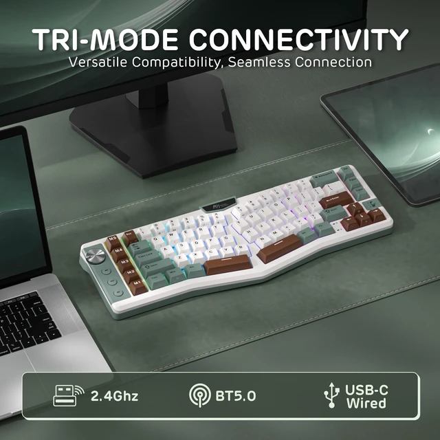 Alt view image 4 of 7 - A72 Alice Ergonomic Wireless Mechanical Keyboard,Split Ergo | Gasket RGB Gaming Keyboard w/Knob/Macro Keys/Touchable Nameplate, BT/2.4GHz/USB-C, 5-Layer Noise Dampening, Win/Mac Software