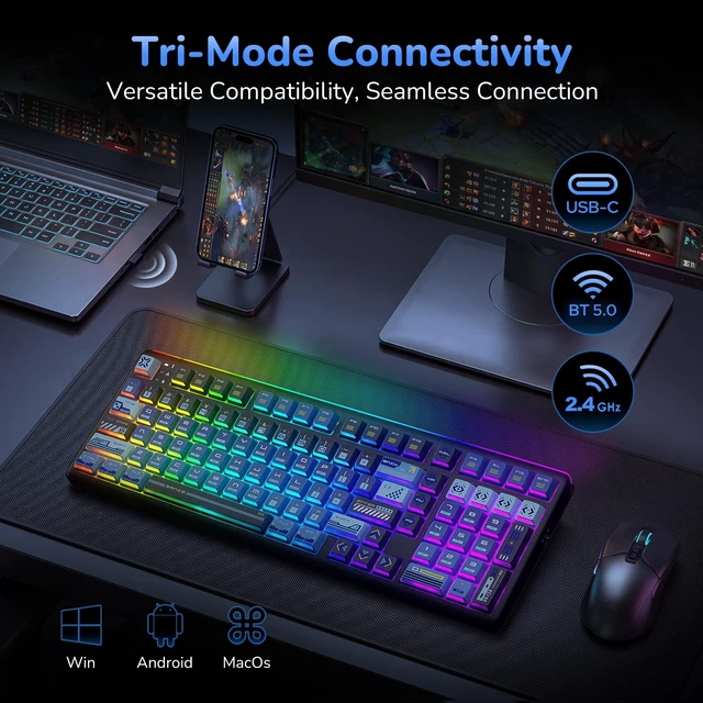 Alt view image 6 of 7 - R99 8K Wireless Mechanical Gaming Keyboard, RGB Light Bar | 101-Key Compact Keyboard with Numpad, Gasket Mount, BT/USB-C/2.4G, Dual 8000Hz, 10000mAh Battery,Hot-Swap,TGL/SOCD/MT Support