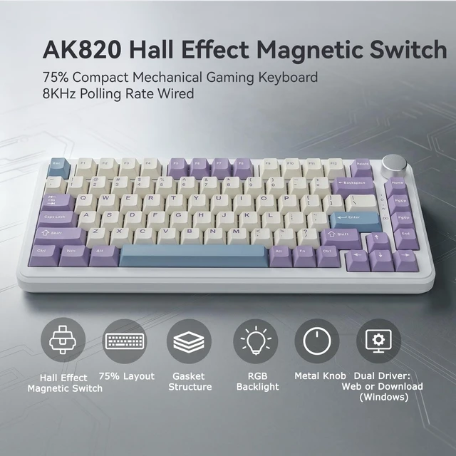 Alt view image 2 of 7 - HE Wired 75% Gaming Keyboard, Hall Effect Magnetic Switch with Rapid Trigger, 8KHz Polling Rate, Gasket Mount, PBT Keycaps, RGB Backlit, Metal Volume Knob for PC/Mac, Purple