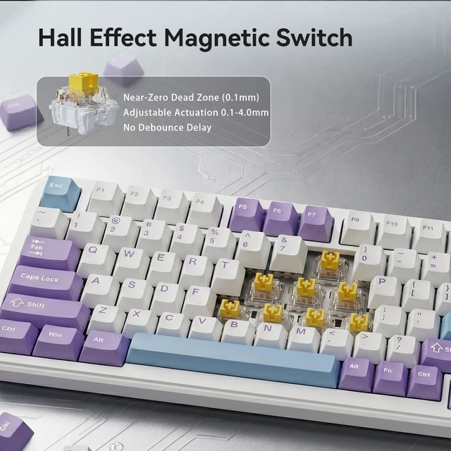 Alt view image 4 of 7 - HE Wired 75% Gaming Keyboard, Hall Effect Magnetic Switch with Rapid Trigger, 8KHz Polling Rate, Gasket Mount, PBT Keycaps, RGB Backlit, Metal Volume Knob for PC/Mac, Purple