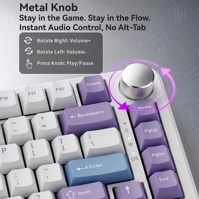 Alt view image 5 of 7 - HE Wired 75% Gaming Keyboard, Hall Effect Magnetic Switch with Rapid Trigger, 8KHz Polling Rate, Gasket Mount, PBT Keycaps, RGB Backlit, Metal Volume Knob for PC/Mac, Purple