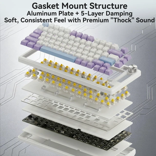 Alt view image 6 of 7 - HE Wired 75% Gaming Keyboard, Hall Effect Magnetic Switch with Rapid Trigger, 8KHz Polling Rate, Gasket Mount, PBT Keycaps, RGB Backlit, Metal Volume Knob for PC/Mac, Purple