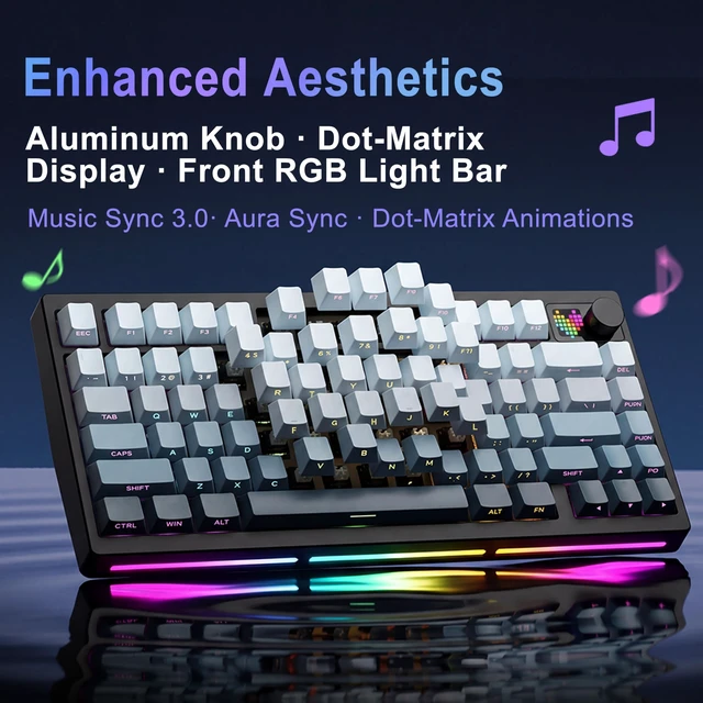 Alt view image 6 of 7 - 75 Creamy Axis Gaming Wireless Mechanical Keyboard Hot | Sound Effect Aluminum Knob High Resolution Dot Matrix Screen/PP Material/8000mAh Battery Life(Black)