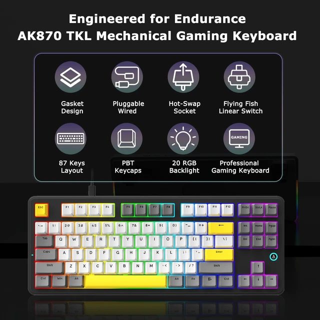 Alt view image 2 of 7 - AK870 87Keys Hot-Swappable Mechanical Keyboard, Gasket Mount Wired Gaming Keyboard with Linear Flying Fish Switches, 80% Compact, PBT , for PC & Typists (Starry Night Grey)