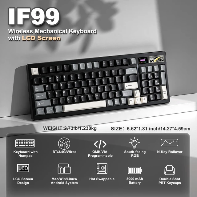 Alt view image 2 of 7 - IF99 96% Wireless Mechanical Keyboard (Black, Cocoa Cream V2) | QMK/VIA Keyboard with LCD Display,Custom Magnetic Badge,8000mAh Battery,Hot Swap Gasket,RGB,for Gaming/Mac/Win