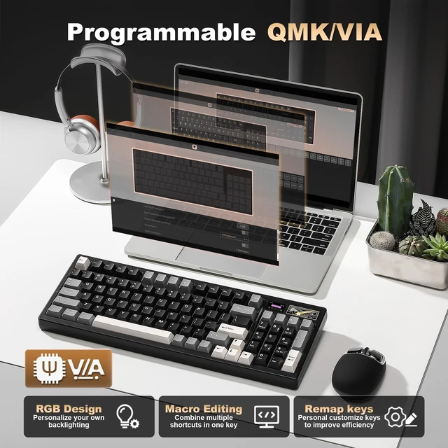 Alt view image 6 of 7 - IF99 96% Wireless Mechanical Keyboard (Black, Cocoa Cream V2) | QMK/VIA Keyboard with LCD Display,Custom Magnetic Badge,8000mAh Battery,Hot Swap Gasket,RGB,for Gaming/Mac/Win