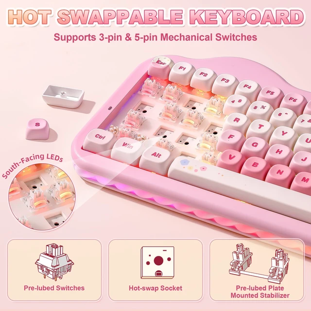 Alt view image 5 of 7 - C75 Cute 75% Wireless Mechanical Keyboard (Pink, Milk Switch) | Creamy Cake Keyboard, BT5.0/2.4G/USB-C, Hot-Swap, NKRO, PBT MOA Keycaps,5500mAh RGB Gasket Mount for Mac/Win/Gaming/Office
